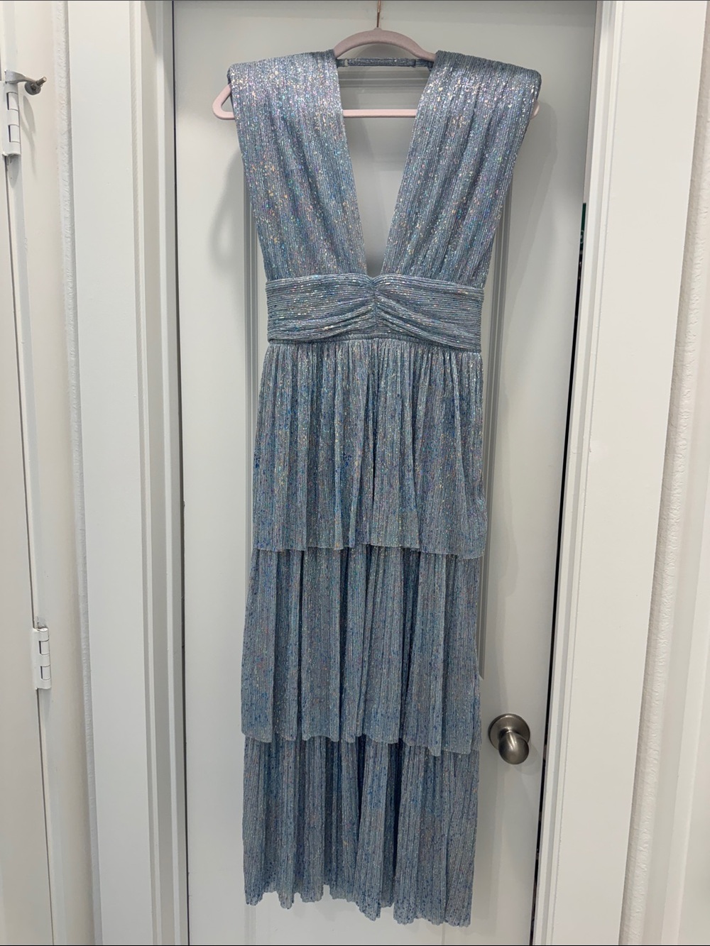 Sabina Musayev Iridescent Light Blue V-Neck Tiered Maxi Dress
